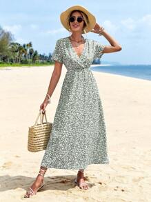 RueChic Ditsy Floral Print Surplice Neck Dress - Green - View 1