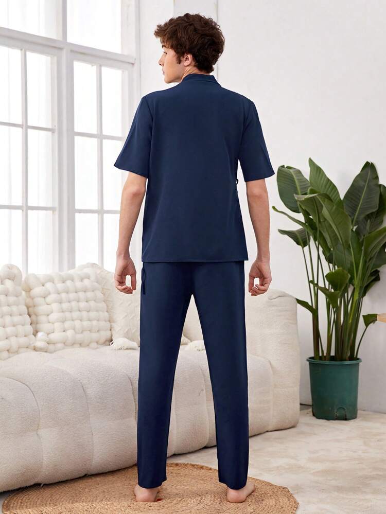 Teen Boys' Solid Color Loose Fit Casual Short Sleeve Top And Pants Set For Home Wear