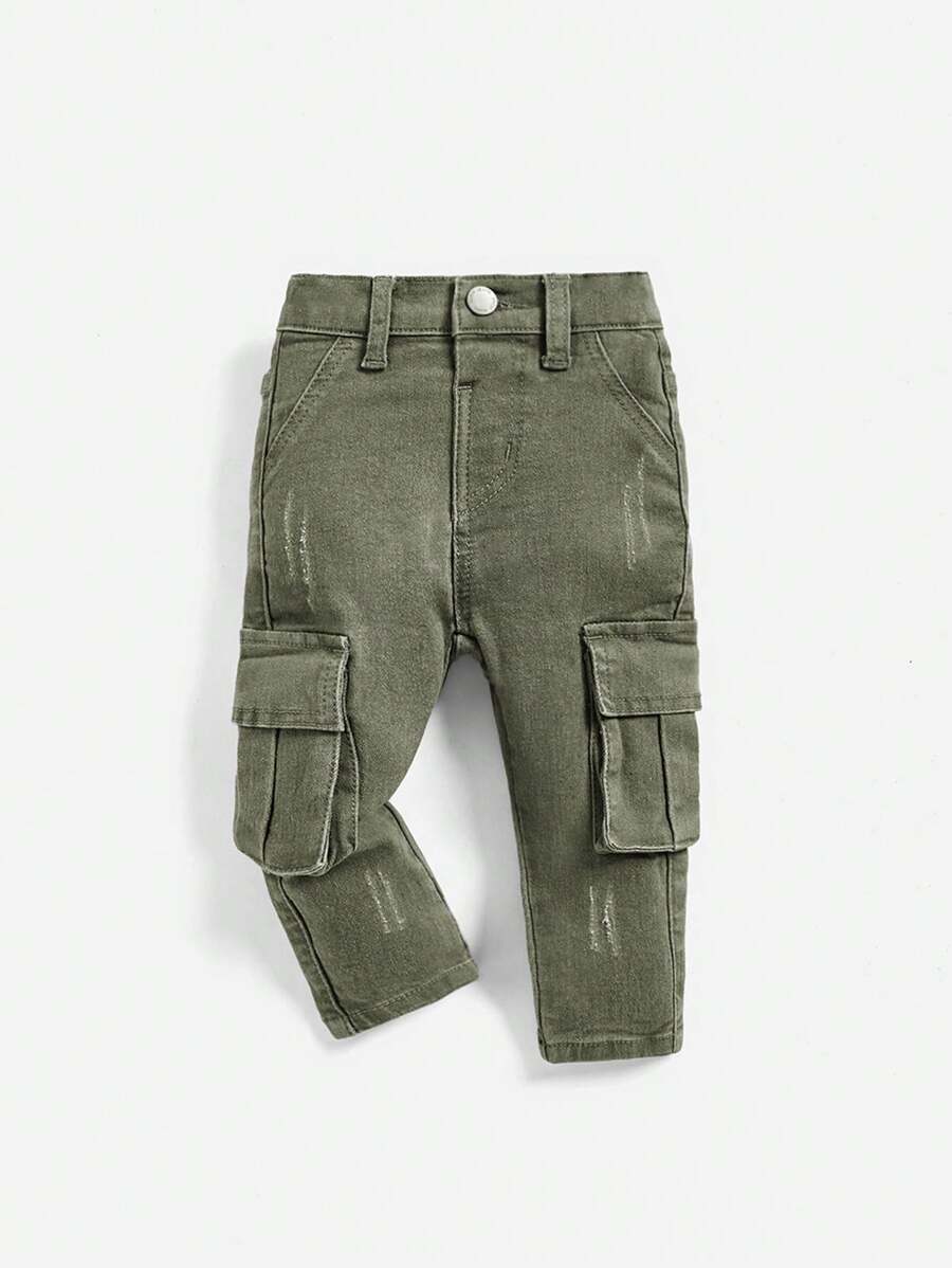 SHEIN 嬰兒男孩休閒中腰寬鬆直腳牛仔裝貨物長褲 - 軍綠色 - 查看 1