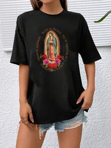 SHEIN EZwear 圖案圓領t恤 - 黑色 - 查看 3