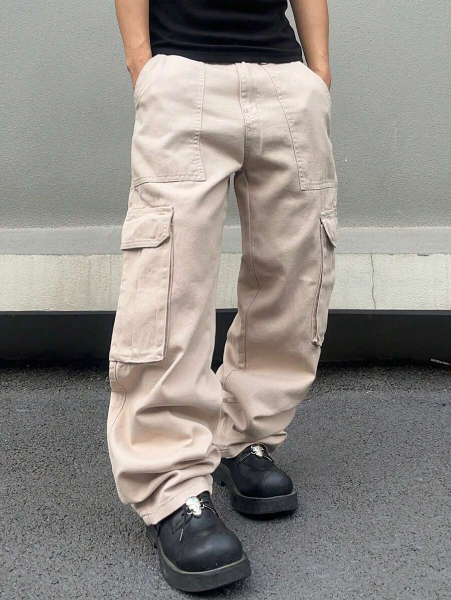 Manfinity Roghcode Men's Solid Color Cargo Jeans Oversize Long Washed Jean Plain Khaki Party Street Wear Rapper, Khaki Cargo Pants, Baggy Cargo Pants, Cargo Pants, Men Cargo Pants, Men Khaki Pants - Khaki - View 1