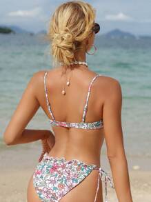 SHEIN Swim Random Floral Print Ruffle Trimmed Bikini Set With Knot Detailing And Side Ties New Year Summer - Multicolor - View 2