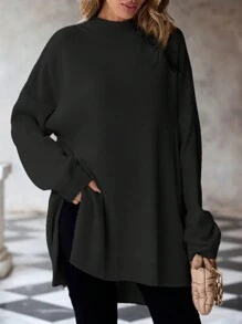 EURMUSE 大码女式立领落肩长袖毛衣套头衫，适合冬季 - 黑色 - 查看 4