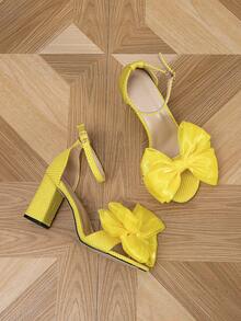 女式粗跟蝴蝶結腕帶涼鞋,適用於夏季 - 黃色 - 查看 5