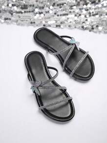 Colorful Rhinestone Butterfly Design Multiple Straps Women's Outdoor Slipper Sandals, French Style Summer Autumn Women's Fashion Black Slippers - Black - View 3