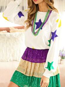 Áo cánh tay dài cổ tròn in hình ngôi sao Mardi Gras phong cách Boho dành cho nữ - trắng - Xem 1