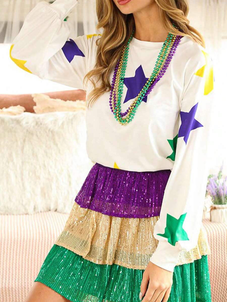 Áo cánh tay dài cổ tròn in hình ngôi sao Mardi Gras phong cách Boho dành cho nữ - trắng - Xem 1
