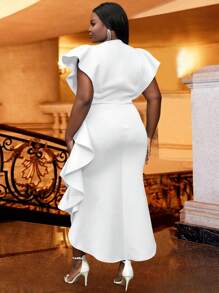 Đầm Plus Size Cao thấp Xù Dây kéo màu trơn Thanh lịch - trắng - Xem 2