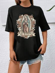 SHEIN EZwear 花朵、字母和印花 T 卹 - 黑色 - 查看 3