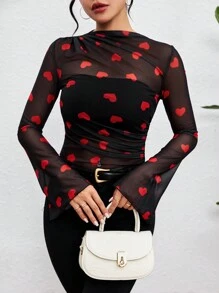 SHEIN LUNE Top De Malla Transparente En Forma De Corazón Con Mangas Acampanadas