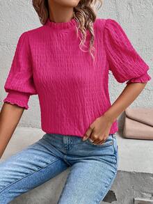 SHEIN Clasi Ladies' Textured Stand Collar Shirt - Hot Pink - View 6
