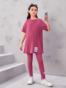 Tween 女孩寬鬆復古風格圓領落袖 T 恤和褲子套裝 - 紫色 - 查看 3