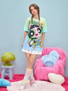 The Powerpuff Girls | ROMWE Camiseta de hombros caídos de ombré con estampado de dibujos animados - Multicolor - Ver 3