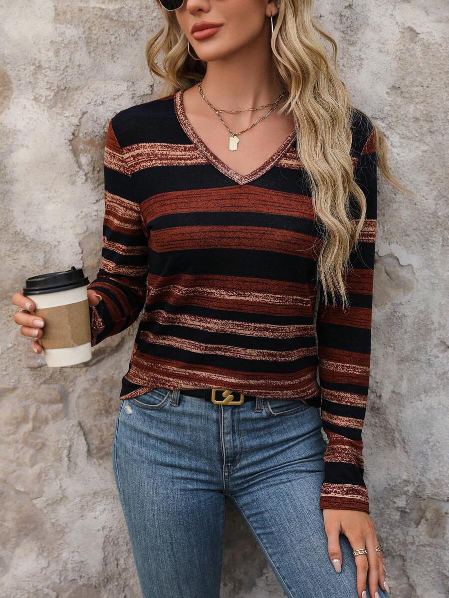 SHEIN LUNE Women's Striped V-Neck T-Shirt - Coffee Brown - View 1