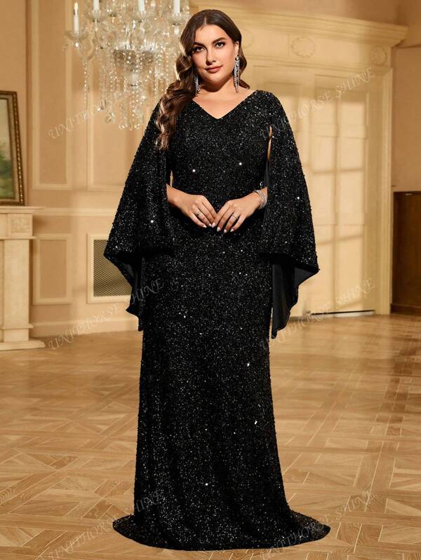UNITHORSE UNITHORSE Plus Size Women's V-Neck Sequin Flared Sleeve Formal Dress Party Dress Wedding Guest Dress Evening Dress, Bride Dress, Birthday Outfits, Graduation Dress,Gown