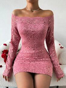 SHEIN Privé Elegante Vestido Rosa De Encaje Con Hombros Descubiertos - Rosa - Ver 3