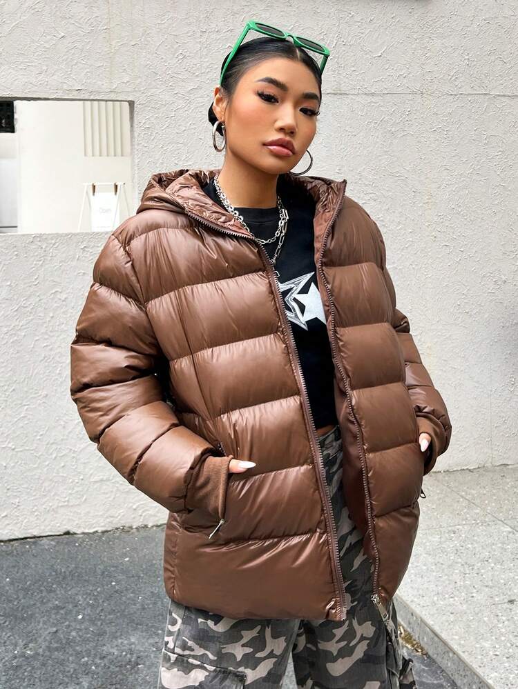 Women's Solid Color Zipper Front Hooded Padded Coat