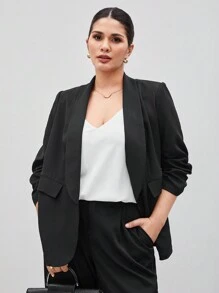 BizChic 秋冬女式加大码纯色披肩领前开襟西装外套 - 黑色 - 查看 4