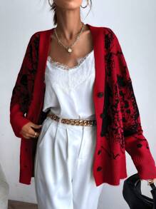SHEIN Essnce Random Pattern Cardigan With Dropped Shoulder - Red - View 3