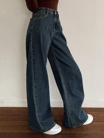 DAZY 纯色高腰阔腿女式及踝牛仔裤，宽松牛仔裤，秋季服装