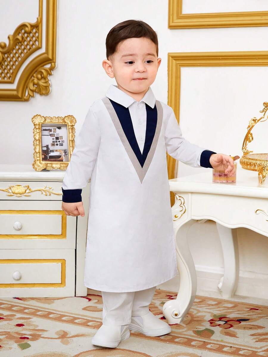 SHEIN Baby Boys' Loose Fit Long Robe With Three-Color Collar And Long Sleeves - Blue and White - View 1