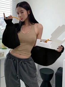 DAZY 女式前开襟短款无袖开衫，女士深秋休闲常规款黑色纯色女式开衫，休闲日常装，长袖上衣 - 黑色 - 查看 3