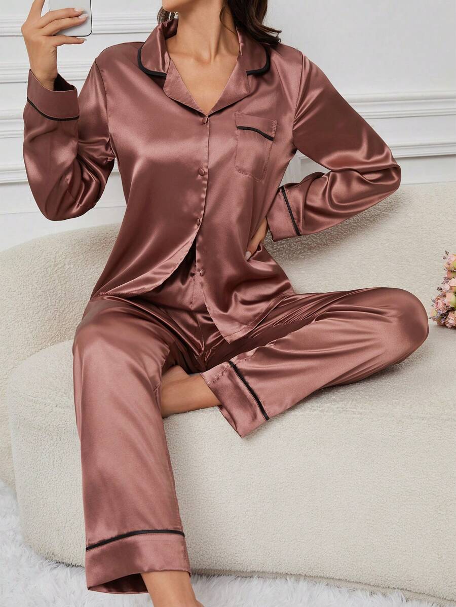 SHEIN Conjunto De Pijama Con Bloqueo De Color Y Detalles Contrastantes - Óxido marrón - Ver 1