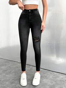 EURMUSE Women'S Slim Fit Distressed Denim Pants - Blue - View 1