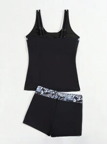 SHEIN Swim Summer Beach Women's Floral Printed Vest Style Tankini Set - Black - View 2