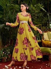 Divindia Women's Floral Print Lantern Sleeve Style Dress