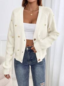 SHEIN Frenchy 秋冬爱心刺绣开衫、长袖上衣、针织衫 - 白色 - 查看 3