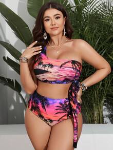 SHEIN Swim Curve Bộ Bikini Một Vai In Hình Cây Cọ Plus Size Đi Biển Mùa Hè - Nhiều màu - Xem 3