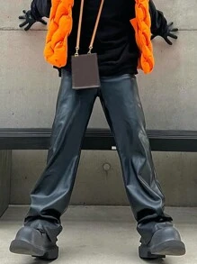 Men'S Faux Leather Pants - Black - View 5