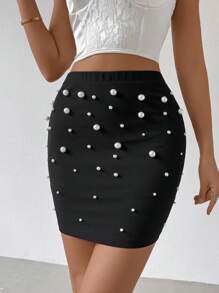 SHEIN Privé Falda Lápiz Negra De Cintura Alta Con Detalle De Drapeado Y Cuentas Para Mujeres, Ideal Para El Desplazamiento - Negro - Ver 3