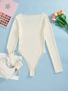 SHEIN EZwear Women'S Tight Fitting Bodysuit With Large Round Neck In Beige Color - Beige - View 2