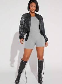 SHEIN Unity Metallic Denim Ribbed Bomber Jacket - Black - View 3