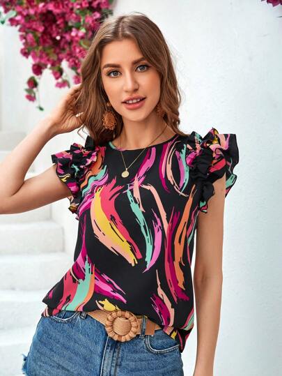 Vivid Eden Blusa con borde con volantes y estampado aleatorio para mujer, ropa de primavera y verano para vacaciones