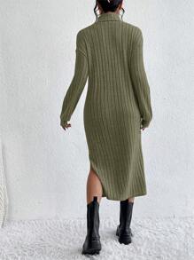 SHEIN Frenchy High Neck Long Sleeve Split Side Dress - Army Green - View 2
