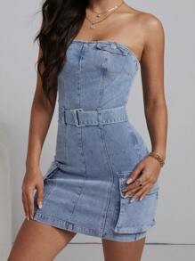 SHEIN EZwear فستان نسائي بحمالات من الدنيم مع جيوب - الأزرق - مشاهدة 5