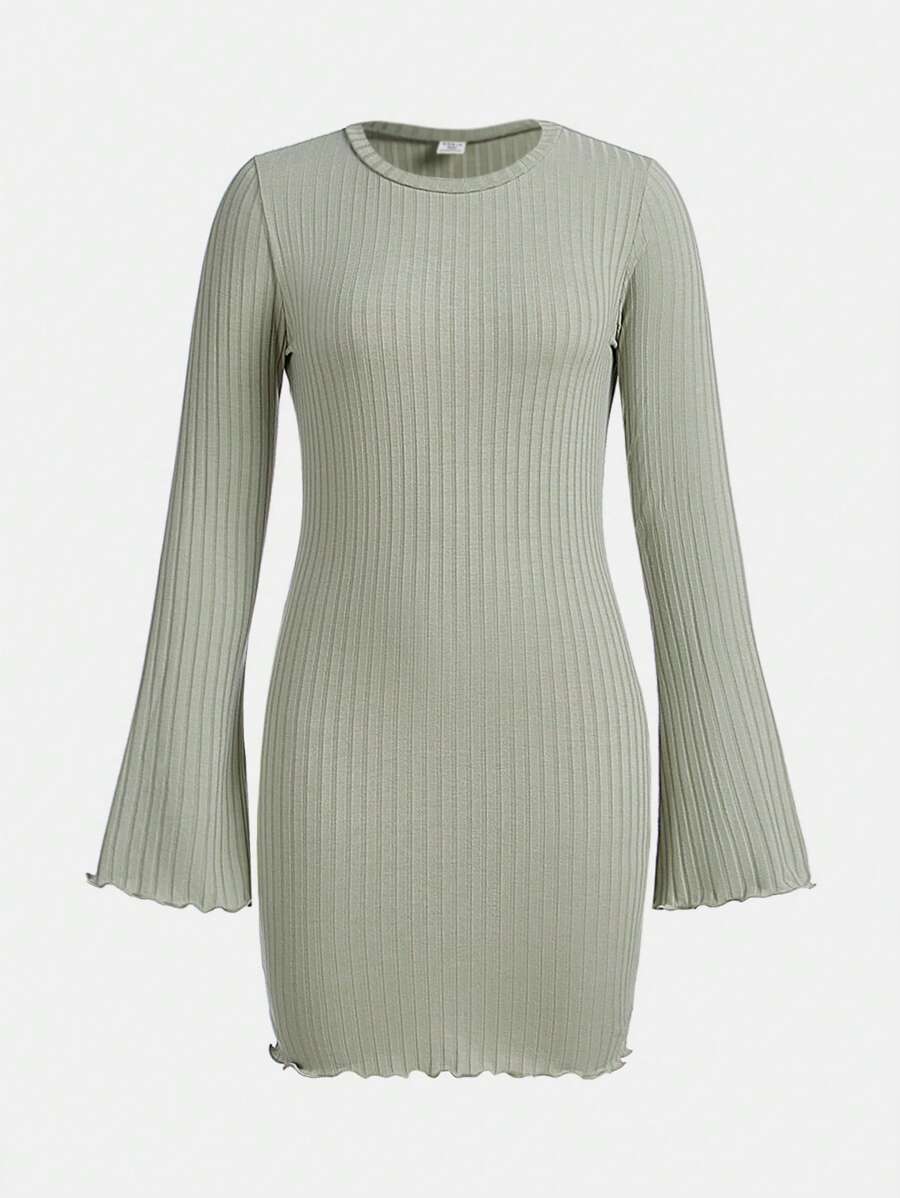 SHEIN Teen Girls' Knit Ribbed Solid Color Dress With Round Neck And Flared Sleeves - Mint Green - View 1