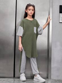 Cô gái Tween Lỏng lẻo Retro Áo chui đầu Dệt kim Vá lại Màu sắc Áo thun Và Quần Bộ - màu xanh lá - Xem 6