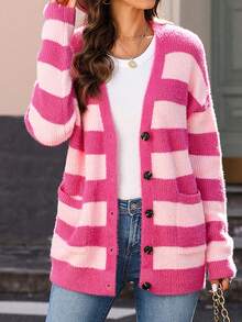 Khối màu Sọc Có nút 	
Fuzzy Áo len Mở - Màu Hồng Tươi - Xem 5