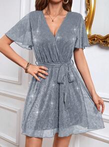 SHEIN Privé 女士v領包裹打結連身裙 - 灰色 - 查看 4