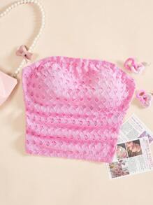 SHEIN EZwear 女士純色網眼褶皺無肩帶上衣 - 玫紅色 - 查看 1