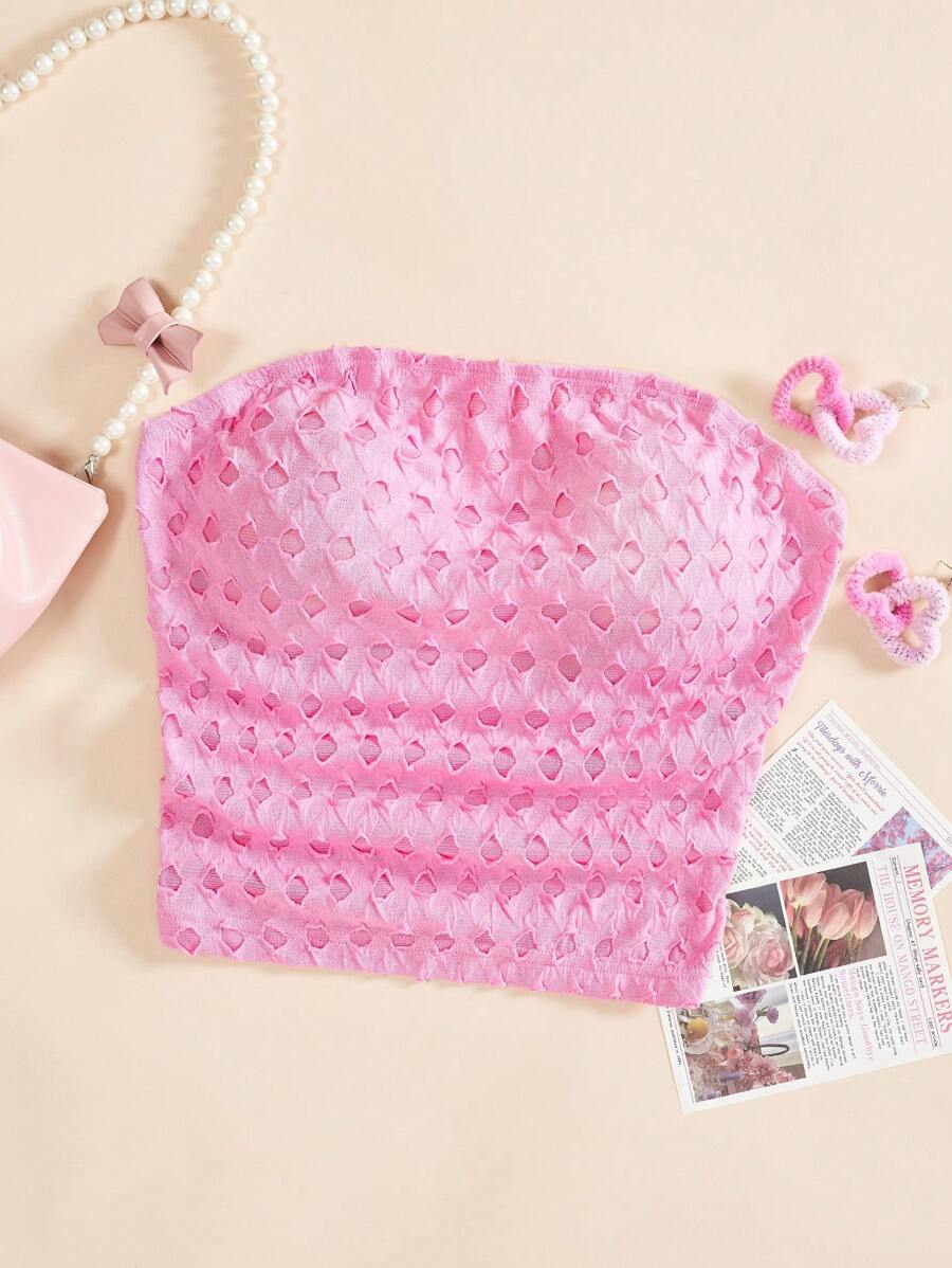 SHEIN EZwear 女士純色網眼褶皺無肩帶上衣 - 玫紅色 - 查看 1