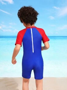 Boys' Cartoon Print Colorblocked Short Sleeve One Piece Swimsuit - Multicolor - View 2
