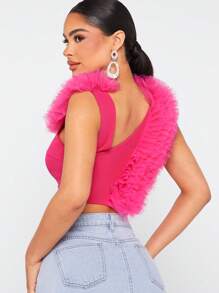 SHEIN Unity Asymmetrical Neck Exaggerated Ruffle Trim Crop Top For Summer - Hot Pink - View 2