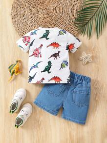 嬰兒男童恐龍印花短袖t恤和牛仔短褲套裝 - 白色 - 查看 2