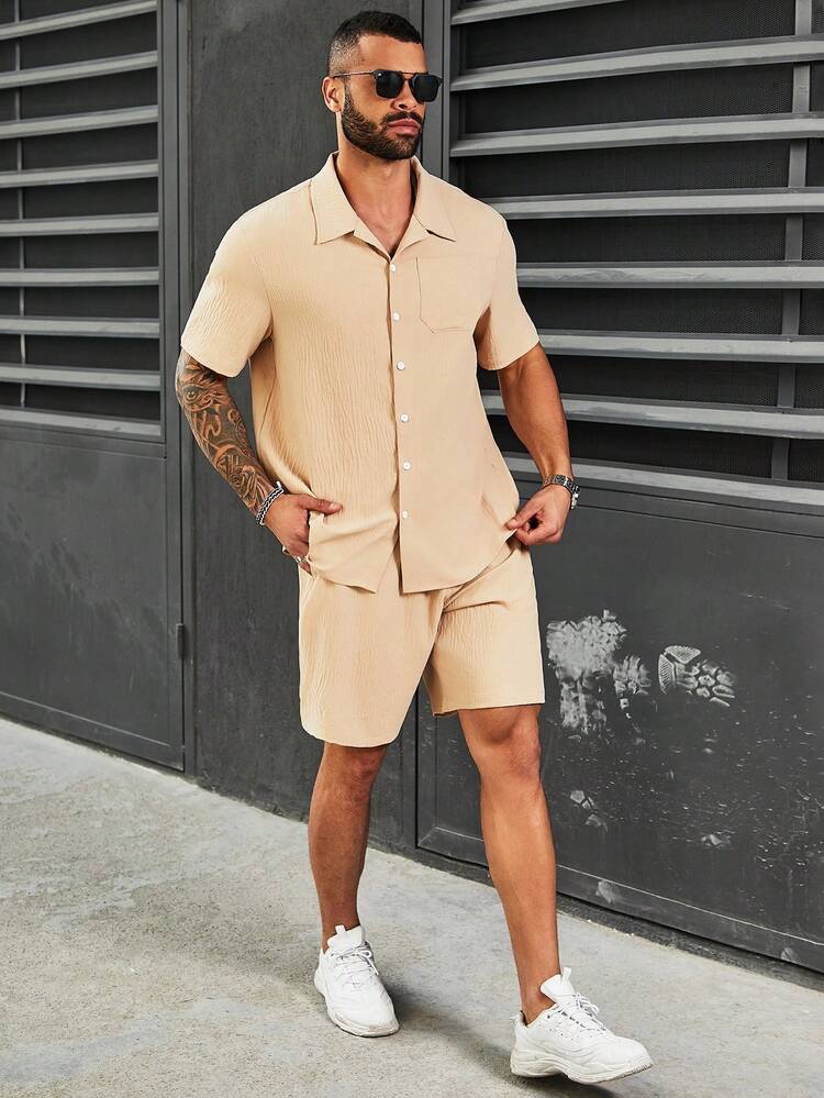 Two-Piece Set Of Men'S Plus Size Solid Color Casual Apparel