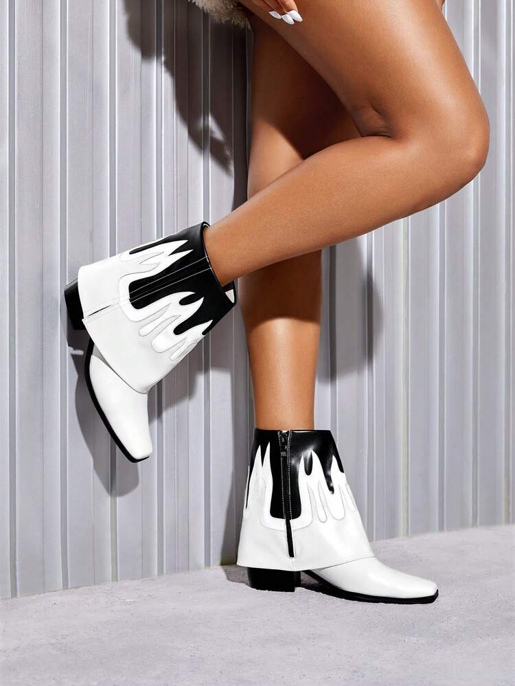 Colorblock Fire Pattern Chunky Heeled Boots